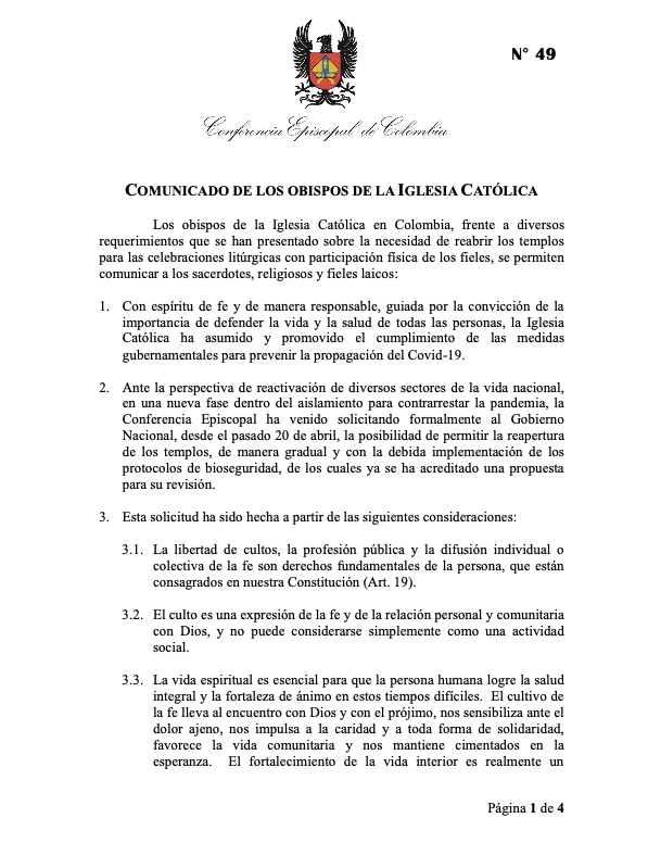 Comunicado sobre la Reapertura de Templos