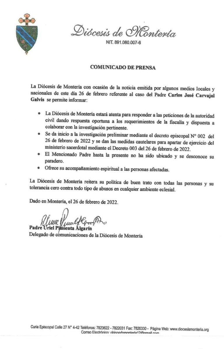 Comunicado de Prensa referido a Padre Carlos Carvajal