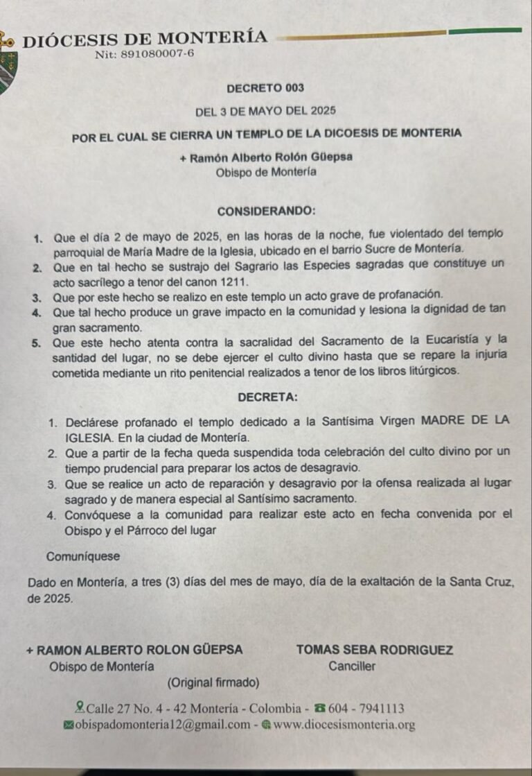 COMUNICADO OFICIAL: Cierre temporal del templo parroquial María Madre de la Iglesia