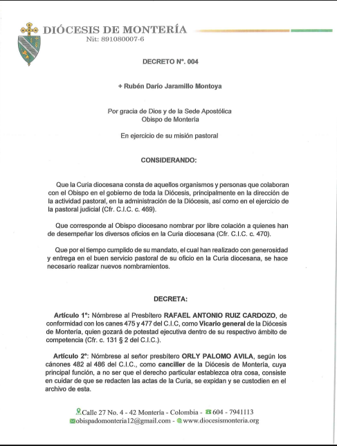 Decreto N.º 004 · Oficios de la Curia