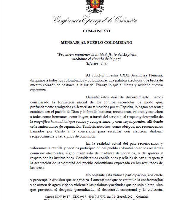Comunicado de la Conferencia Episcopal de Colombia — Mensaje al Pueblo Colombiano