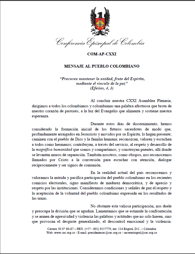 Comunicado de la Conferencia Episcopal de Colombia — Mensaje al Pueblo Colombiano