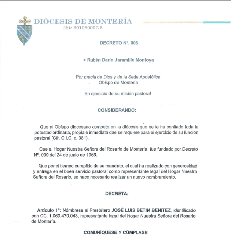 Decreto N° 006 — Nombramiento del representante legal del Hogar Nuestra Señora del Rosario