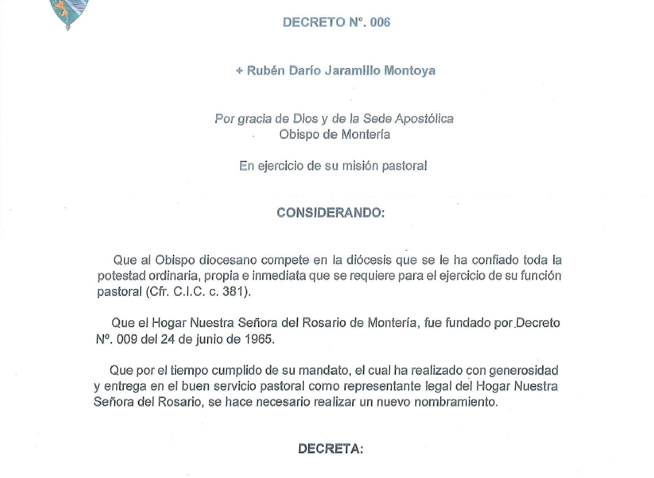 Decreto N° 006 — Nombramiento del representante legal del Hogar Nuestra Señora del Rosario