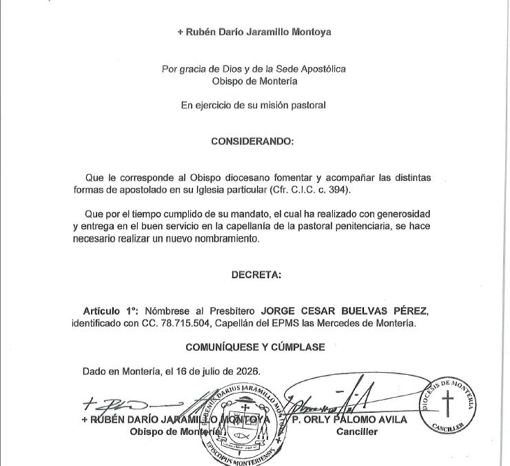 Decreto N° 007 — Nombramiento del Capellán del EPMS Las Mercedes de Montería