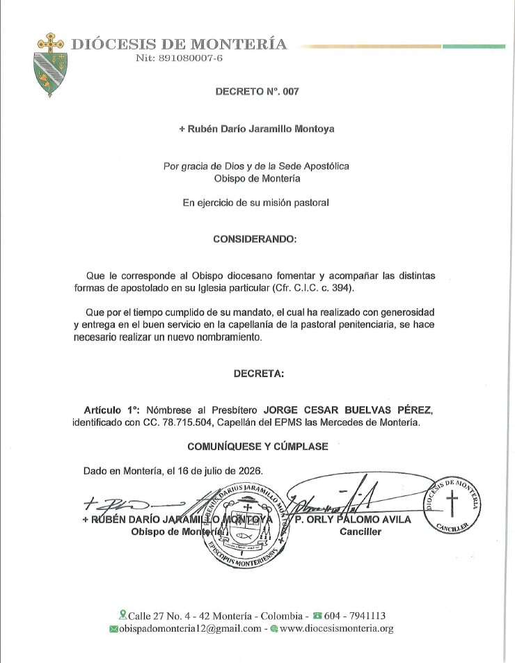 Decreto N° 007 — Nombramiento del Capellán del EPMS Las Mercedes de Montería