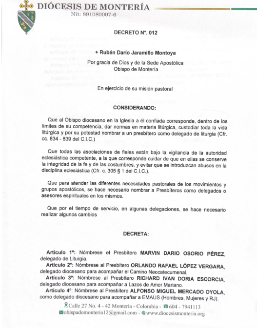 Decreto N° 012 — Delegados Diocesanos