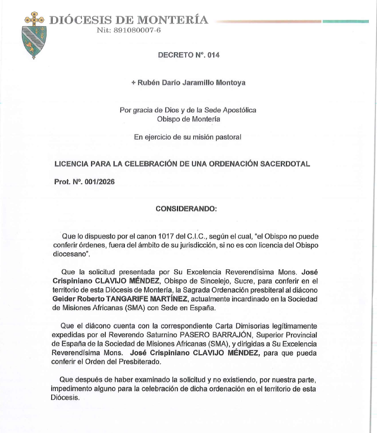 Decreto N.º 014 — Licencia para una ordenación sacerdotal