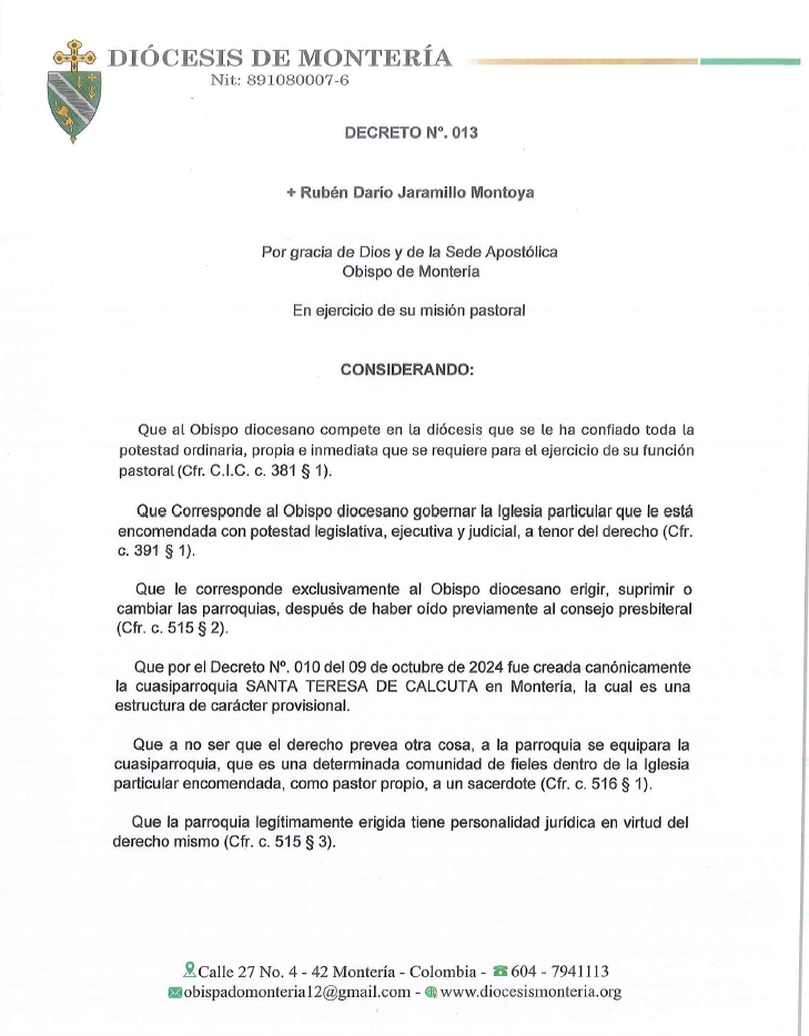 Decreto N.º 013 — Parroquia Santa Teresa de Calcuta