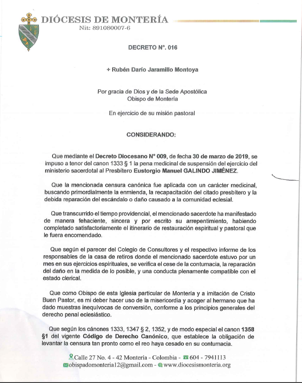 Decreto N.º 016 — Levantamiento de una suspensión