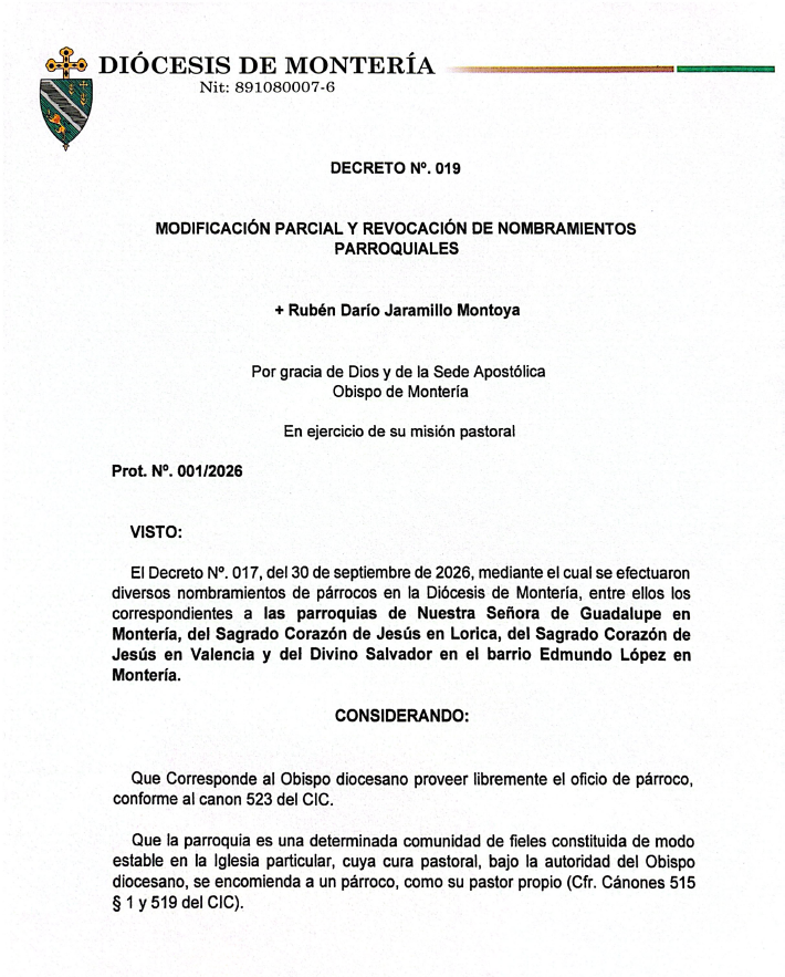 Decreto N.º 019 — Modificación de nombramientos parroquiales